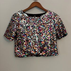 H & M Rainbow Multi Color Sequin Crop Top sz XS